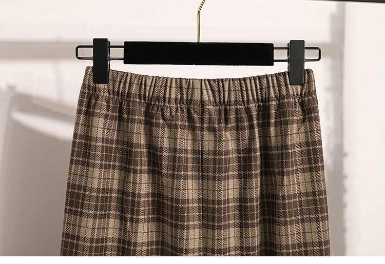 Plus Size Skirt Women 2024 Autumn Winter High Elastic Waist A Line Gray Or Khaki Plaid Skirt Korean Casual Long Skirts Womens