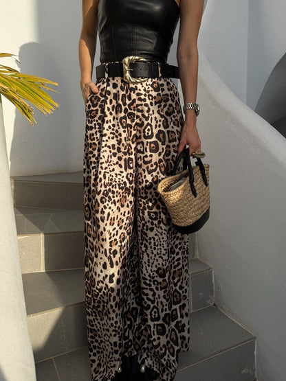 UNIZERA Leopard Satin with Belt High Waisted Trousers Wide Leg Pants Women's Clothing 2025 Summer New Arrivals Casual Pants