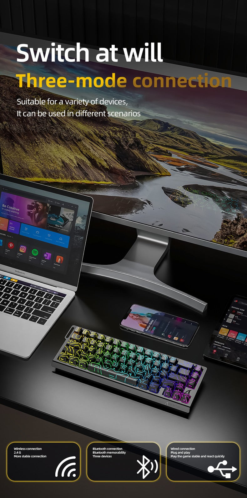 ATTACK SHARK X68PRO HE Wireless Keyboard,Magnetic Switch,With 0.01mm RT Accuracy,8KHz Polling Rate,0.125ms Latency,RGB Backlight