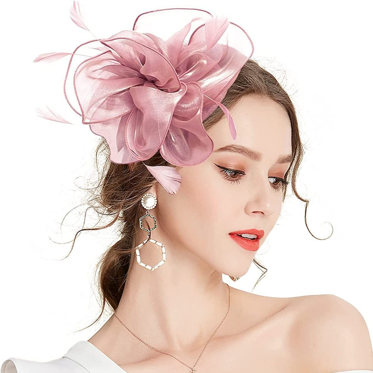 Novo Chapéu Fascinator de Organza Feminino com Flor de Pena Kentucky Derby Cocar Chapéu Pillbox para Casamento Chá da Tarde Acessórios de Cabelo com Clipe