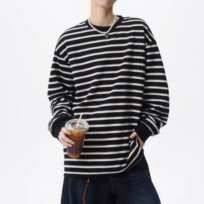 Lazy Style Striped Loose T Shirts Men's Long Sleeve All-match Youth Street Casual Tops Spring Autumn Korean Trend Men Clothing