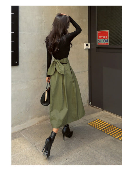 Skirts Womens Korean Fashion Solid Color Big Swing Ladies Skirt Long Skirt 2025 Autumn Wild High Waist Bow Slim Skirts