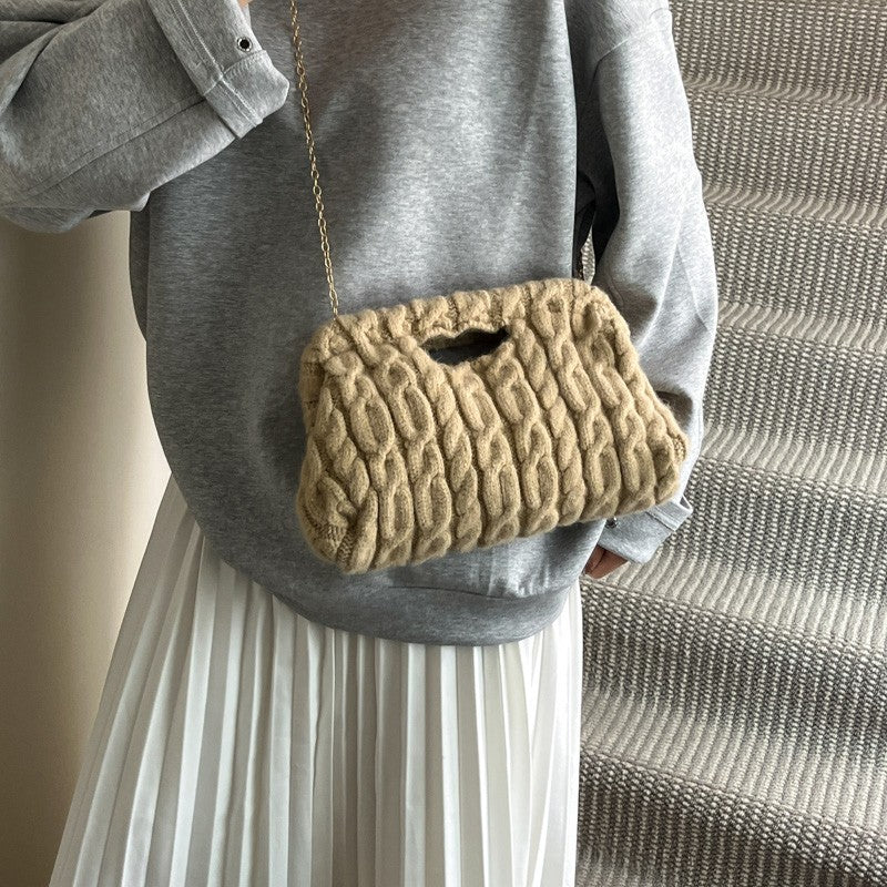Women Knitting Chain Shoulder Bags Trend Crochet Clutch Purse Plush Cloud Handbags Autumn Winter Travel Daily Crossbody Bags