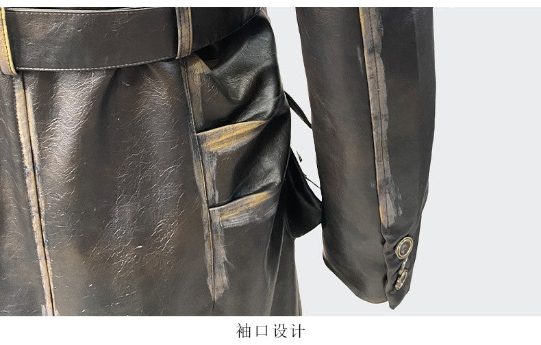 Nerazzurri Spring Autumn Cool Long Waterproof Distressed Black Pu Leather Trench Coat Men Belt Pockets Luxury Designer Clothes
