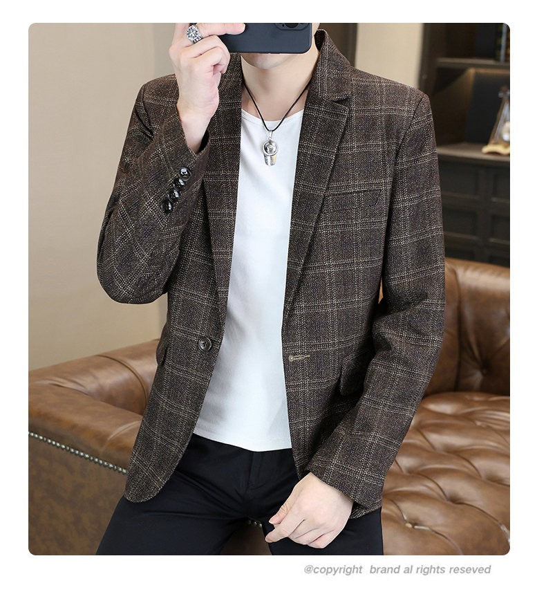 Blazer's New Men's Fashion Outdoor Travel Camping Youth Wedding Hosting Campus Slimming Casual Checkered Korean Version Blazer