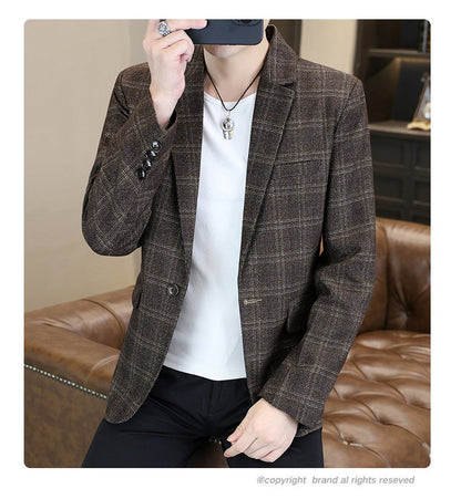 Blazer's New Men's Fashion Outdoor Travel Camping Youth Wedding Hosting Campus Slimming Casual Checkered Korean Version Blazer