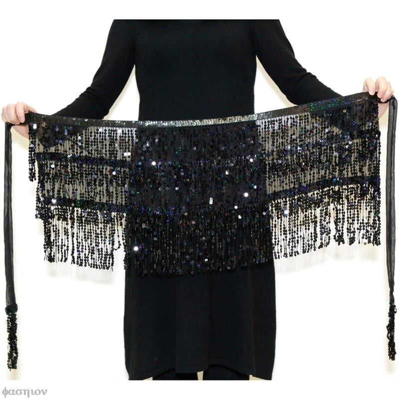 Sexy Women Belly Dance Hip Tutu Skirt Scarf Wrap Belt Glitter Sequins Tassel Hipscarf Skirt Sundress Costume Fringe Skirt Outfit