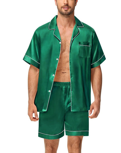 Men's Luxury Satin Pajama Set Short Sleeve Lapel Front Buttons Top And Elastic Shorts Comfortable Fit Loungewear Sleepwear Pjs