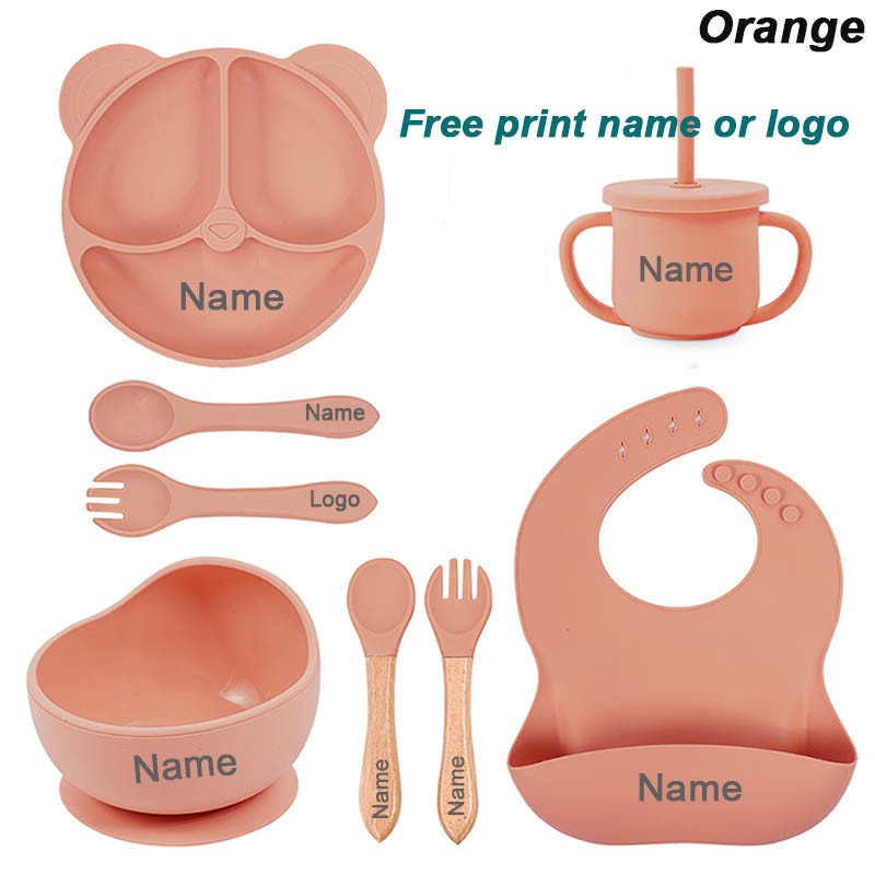 Feeding Set Silicone For Baby Sucker Bowl Dishes Plate For Kids Bear Plate Set Baby Tableware Children's Cup With Straw 8Pcs