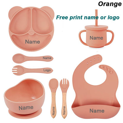 Feeding Set Silicone For Baby Sucker Bowl Dishes Plate For Kids Bear Plate Set Baby Tableware Children's Cup With Straw 8Pcs
