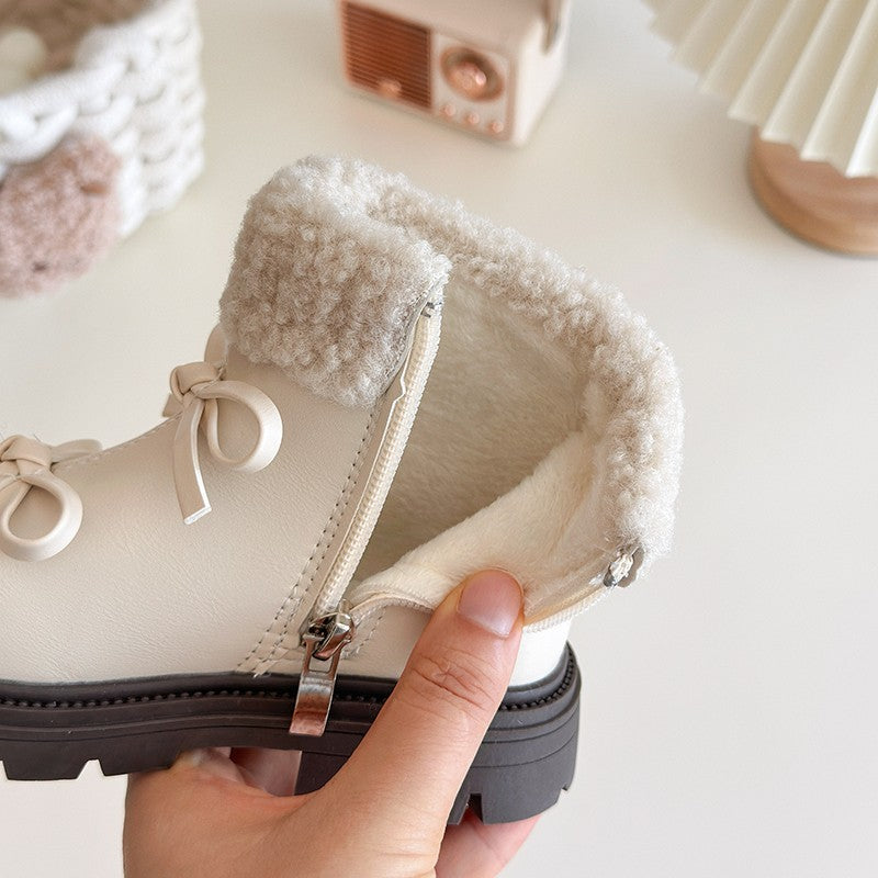 Girls Padded Fashion Leather Boots 2-18 Years Old Thickened Bow Hairy Girls Cotton Shoes Winter Beige Soft Non-slip Kids Boots