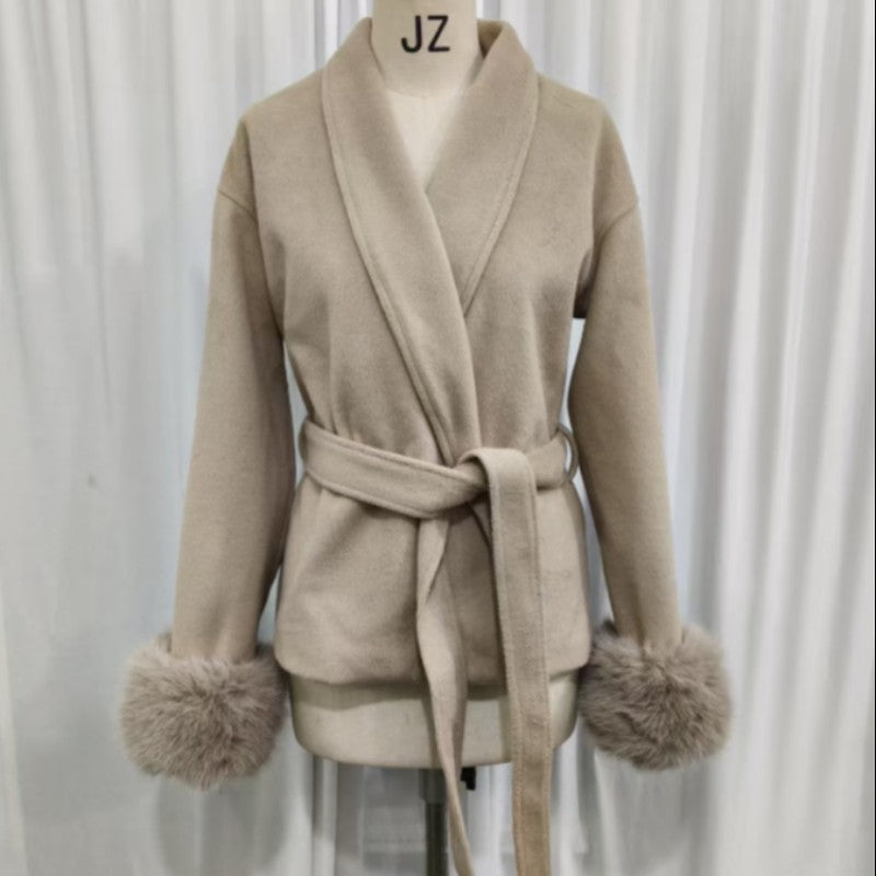 Lace-Up Short Overcoat Women's Coat Office Lady Elegant Woolen Furry Patchwork Long Sleeve Coats 2025 New Loose Cardigan Jackets