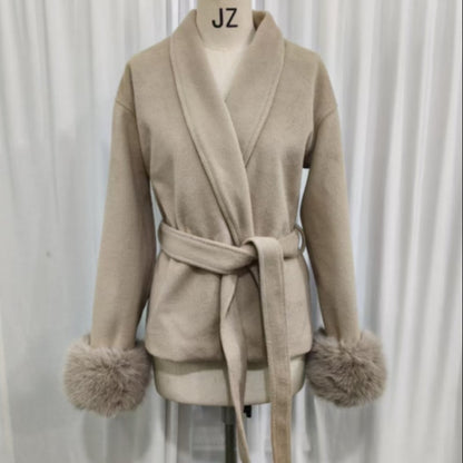 Lace-Up Short Overcoat Women's Coat Office Lady Elegant Woolen Furry Patchwork Long Sleeve Coats 2025 New Loose Cardigan Jackets