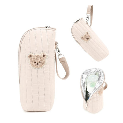 Cute Bear Design Baby Bottle Tote Bag with Aluminum Foil Insulation Bags Water Bottle Thermal Storage Pouch with Stroller Hook