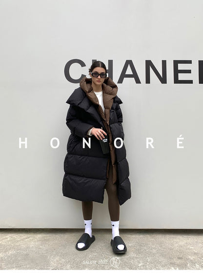 Janveny Fluffy White Duck Down Jacket Women Winter Thickness Warm Long Puffer Coat Hooded Female Fashion Fake Two-piece Parkas