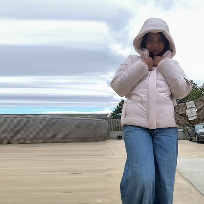 Pink Women's Jacket With Hat Zipper Pockets Inner Faux Fur Solid Female Jackets 2025 Autumn Winter Fashion Chic Lady Outwears