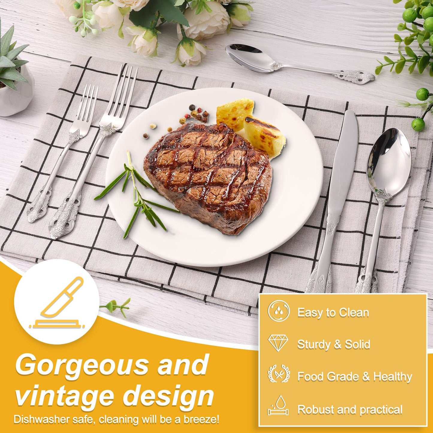 20Pcs High Quality Cutlery Set Handle Exquisite carving Stainless Steel Golden Tableware Knife Fork Spoon Flatware Set Silverwar