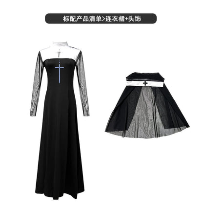 Sexy Nun Cosplay Costume Gothic Black Split Long Dress with Head Veil Halloween Carnival Party Fancy Dress for Women Nun