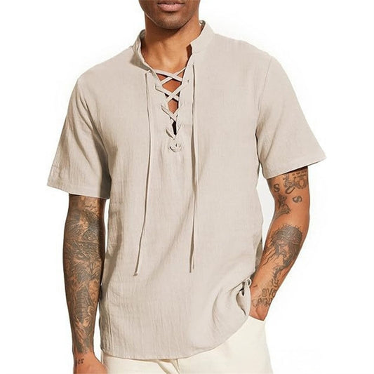 Men's Vintage V-neck T-shirt Drawstring Design Cotton Linen Solid Color Breathable Stylish Tops Gothic Style Cosplay Party Tees