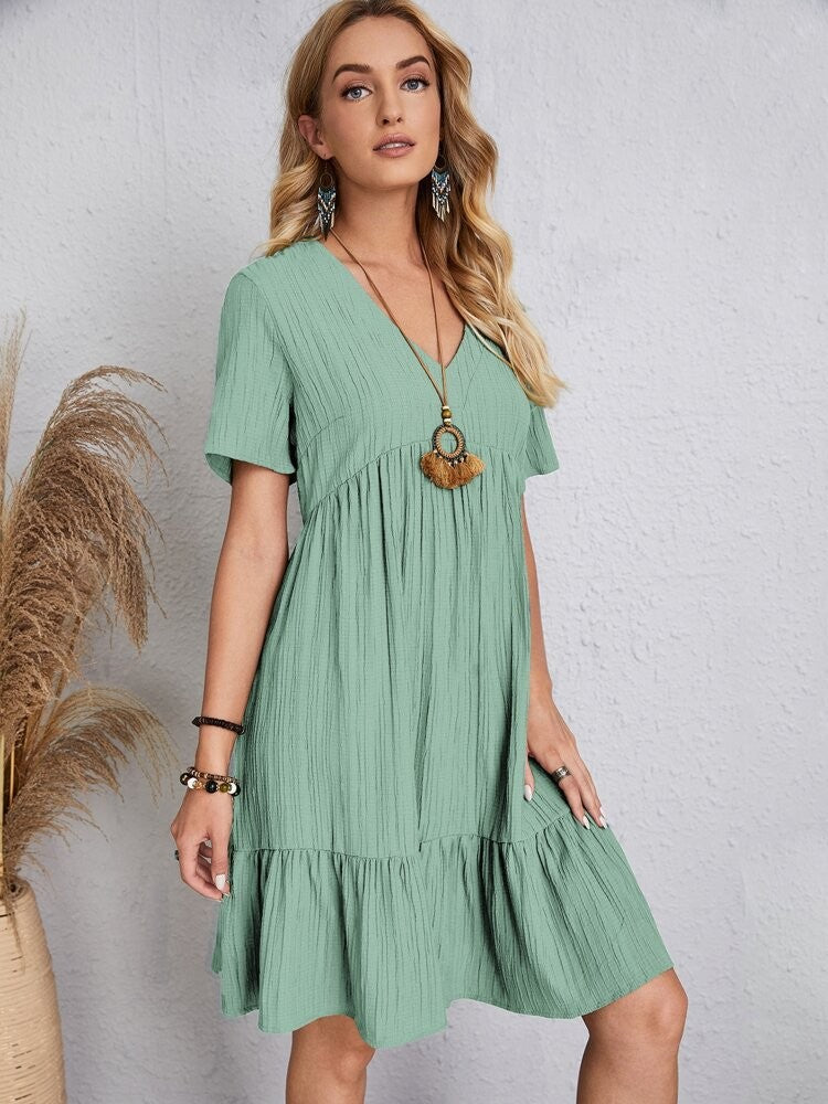 Women Elegant Short Sleeve V Neck Ruffles Dress Summer Casual Solid Loose Mini Dress Chic Bohemian Sundress Beach Party Vestidos