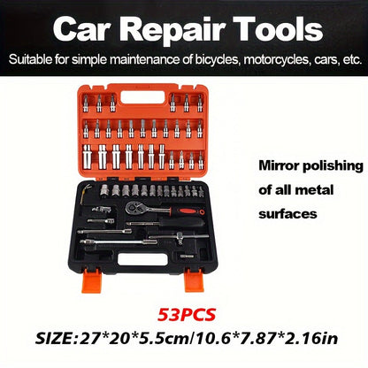 Conjunto de Ferramentas de Reparo Automotivo de 53 Peças com Soquetes e Estojo, Construção em Aço, para Motocicletas Street-Touring e Manutenção de Veículos