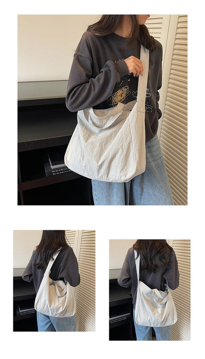 Lazy Style Nylon Crossbody Shoulder Bag Women Casual Large Capacity Bucket Tote Bag Lightweight Japan Style Simple Handbag