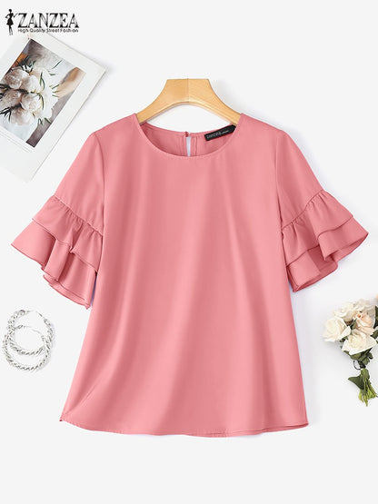 2025 Elegant Office Lady Blouses ZANZEA Summer O Neck Short Sleeve Blouse Women Stylish Solid Holiday Shirt Female OL Work Tops