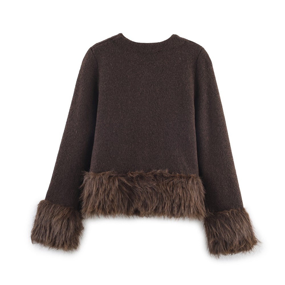 Ladies Coat With Plush Hem Faux Fur Single Breasted Patchwork Knitted Coat Autumn And Winter Daily Fashion Versatile Coat