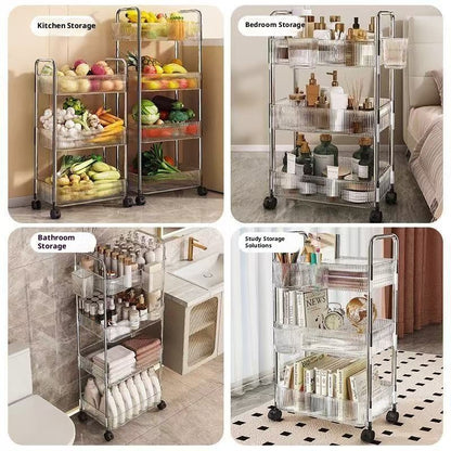 Prateleira de armazenamento móvel para banheiro para lanches, brinquedos e cosméticos multi-camadas, carrinho pequeno transparente
