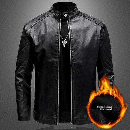 Men's Biker Leather Jacket Autumn Winter Thickened Fleece Casual Versatile Slim Fit Large Size PU Leather Coat