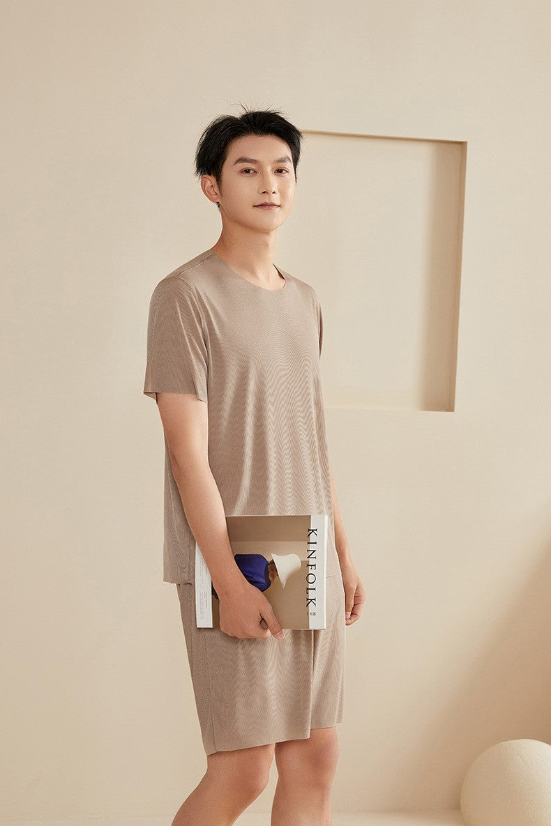 Super Thin Pajamas Suit Women Men Summer Ice Silk Cool Short-sleeved O-Neck Sleepwear Male Female Classic Simple Loungewear Suit