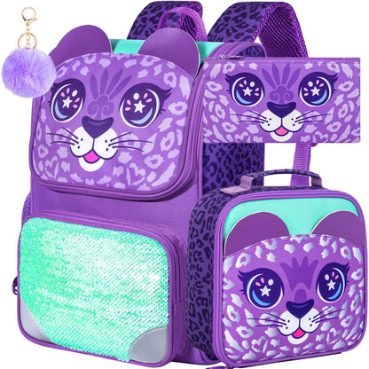 3PCS Unicorn Backpack, 15" Girls Sequin Bookbag with Lunch Box, Purple Kids School Bag for Elementary 2 sold