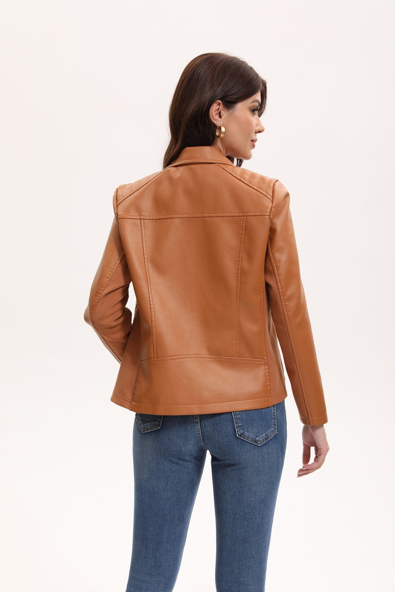 2025 Women’s Stylish Brown Faux Leather Jacket - Slim Fit, Trendy Moto Style with Zipper Detail PU Coat.