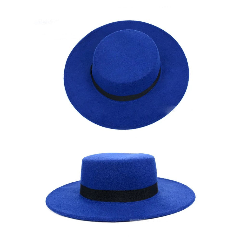 New Classic Solid Color Felt Fedoras Hat Belt for Men Women Blend Jazz Cap Wide Brim Simple Church Derby Flat Top Hat Mujer