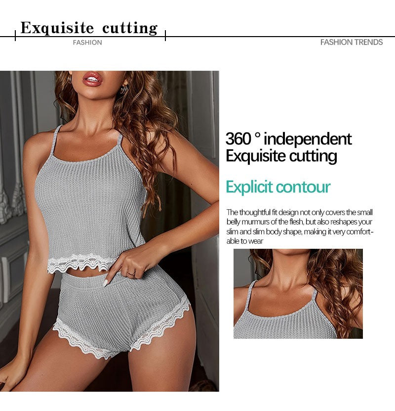 Soft Comfortable Women Sleeveless T-Shirts and Shorts Loose Home Wear Underwear Sexy Lace Pajamas Set