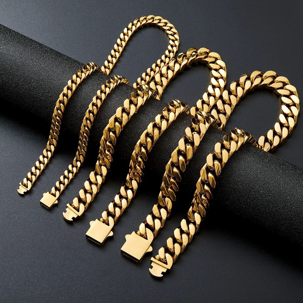 Pulseira Acessório Masculina de Aço Inoxidável 316 Banhada a Ouro 18k, Corrente Cubana Criptografada de 8, 10, 12mm, Estilo Miami Rap Hip Hop