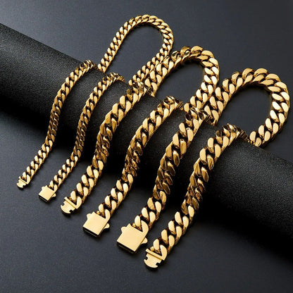 Pulseira Acessório Masculina de Aço Inoxidável 316 Banhada a Ouro 18k, Corrente Cubana Criptografada de 8, 10, 12mm, Estilo Miami Rap Hip Hop