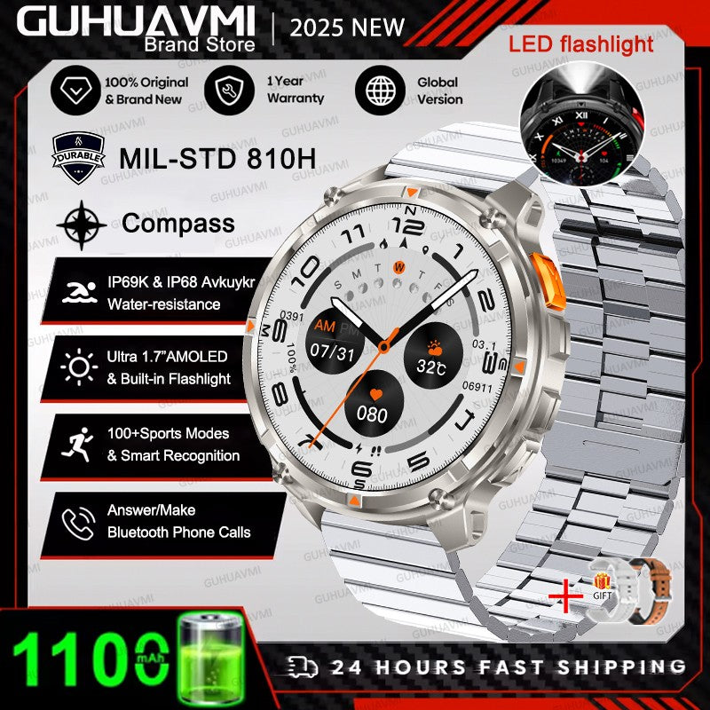 Smartwatch Masculino 2026 Novo Militar 1100mAh Bateria Tela AMOLED 1.7" Bússola GPS Lanterna Chamada Bluetooth 5ATM Natação