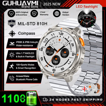 Smartwatch Masculino 2026 Novo Militar 1100mAh Bateria Tela AMOLED 1.7" Bússola GPS Lanterna Chamada Bluetooth 5ATM Natação