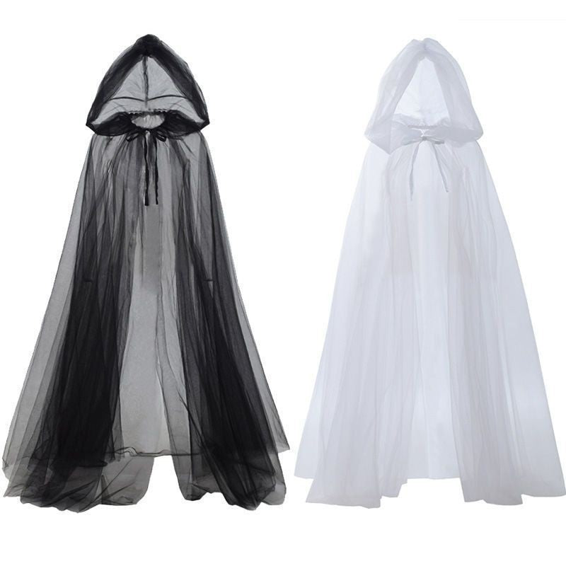 Halloween Ghost Cosplay Outfit Long Mesh Hooded Cloak Grim Reaper Witch Costume For Stage Performance Party Show