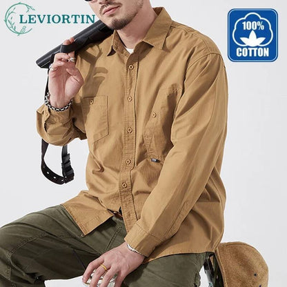 Men's Cargo Shirt Long Sleeve Premium Cotton Solid Color Japanese Streetwear Simple Handsome Chest Pocket Outdoor Work Shirst