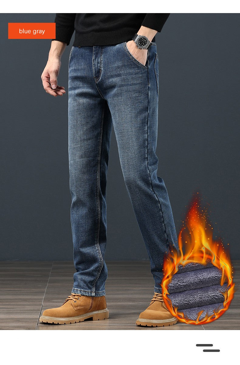 2024 Winter Warm Jeans Men's Fleece Thickened Slim Straight Trousers Fashion Stretch Cotton Casual Denim Pants Brand Clothes