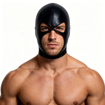 Men Cosplay Wet-Look Hood Head Mask Faux Leather Face Mask Black 3 Holes Cover CS Carnival Role Play Halloween Masks
