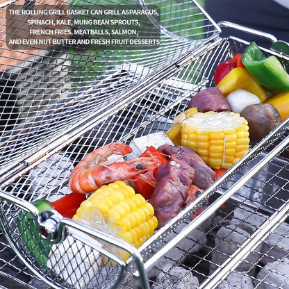 1 Rotating BBQ Grill Basket - Stainless Steel Mesh Roasting Cage with Handle, Portable Rolling Grill for Camping & Picnics