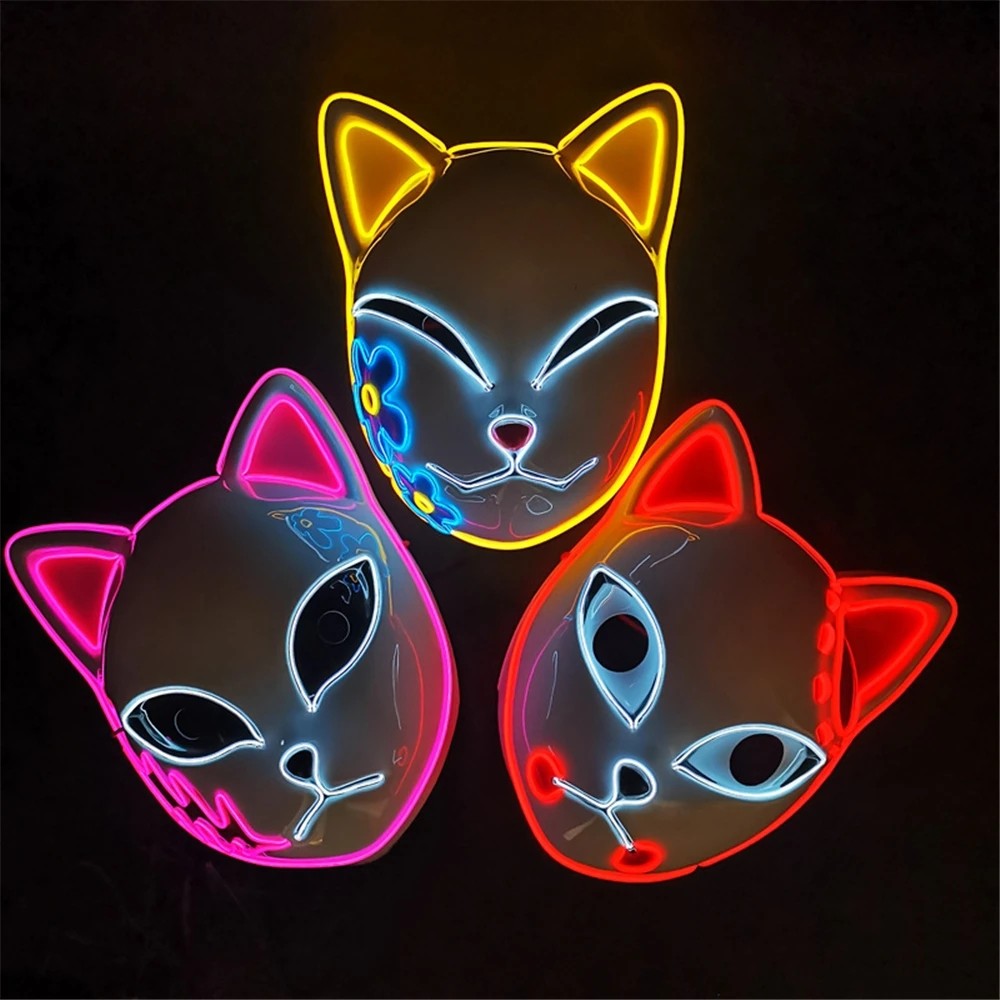 2024 Halloween Neon Mask Cosplay Japanese Anime Neon LED Demon Slayer Mask Halloween Party Costume Props