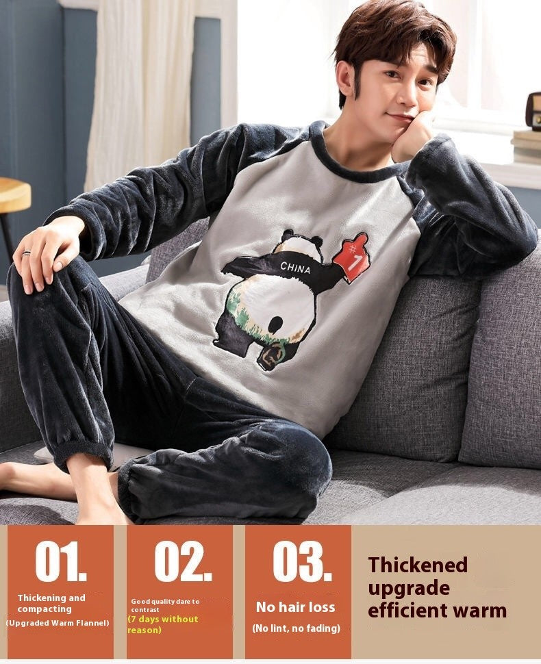 Winter Men's Pajamas Homewear Suit New Coral Fleece Warm Long-Sleeved Spring, Autumn and Winter Models of Men's Flannel Homewear