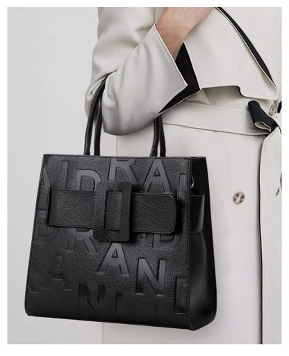 Aidrani women's large capacity handbag with letter print design, made of cowhide material, black