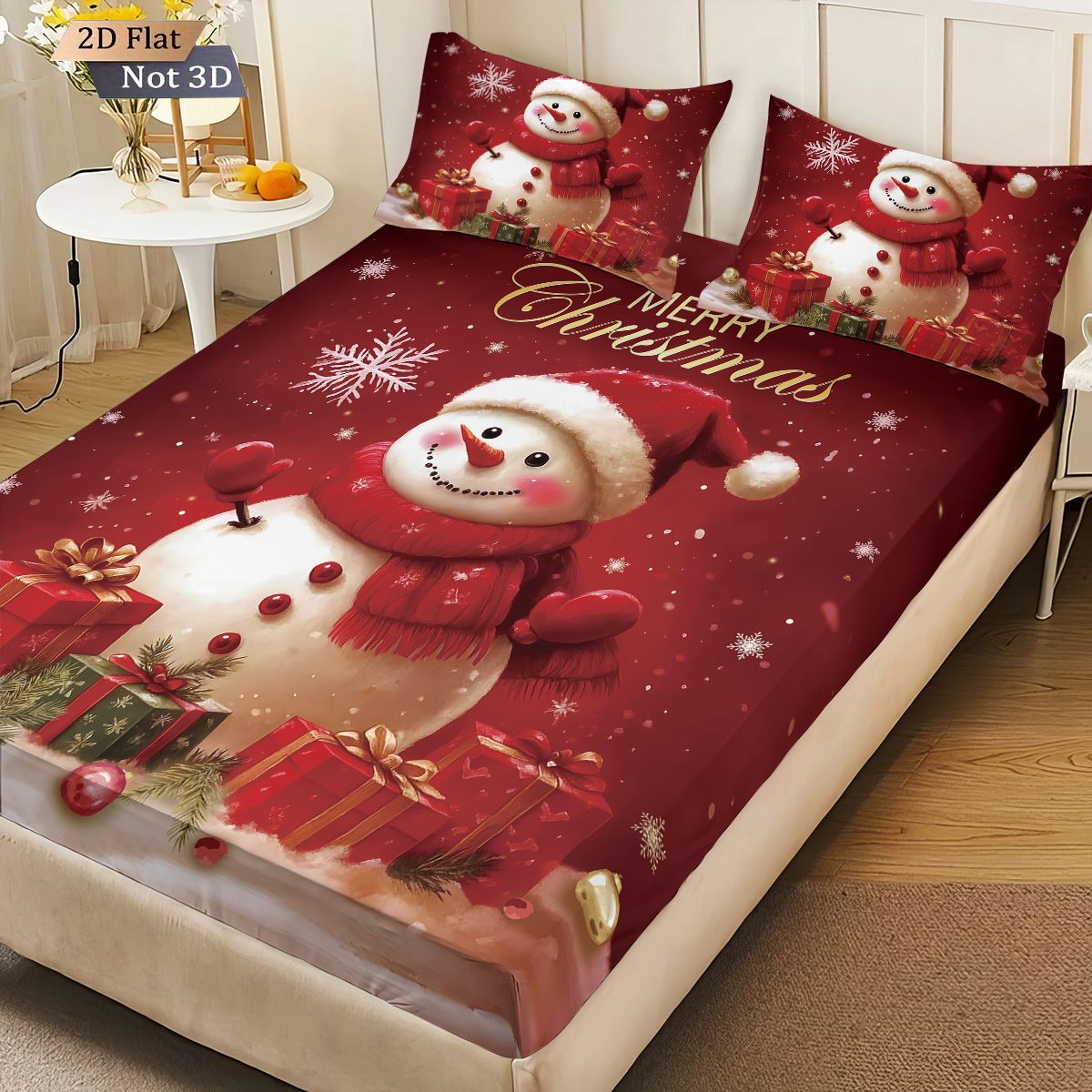 Jogo de Cama Estampado Boneco de Neve de Natal Vermelho de 3 Peças sem Chip, Vários Tamanhos, Capa de Cama Macia, Decoração para Quarto, Lavável à Máquina