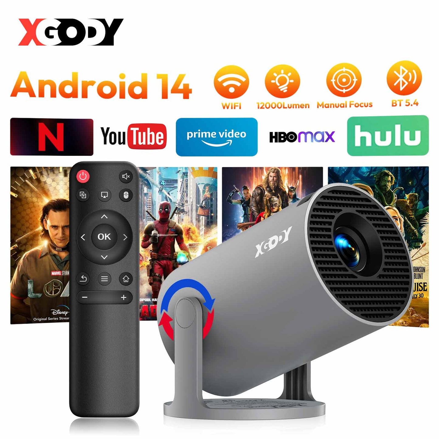 XGODY Projector 4K 260 ANSI Short Throw Mini Portable Projectors Android Beamer Native 720P Dual Wifi6 BT5.4 Home Theater