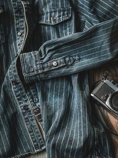 Streetwear Men's Denim Shirts Casual Long Sleeve Buttoned Lapel Striped Blouse Shirt for Men Spring Casual Cargo Shirt Tops